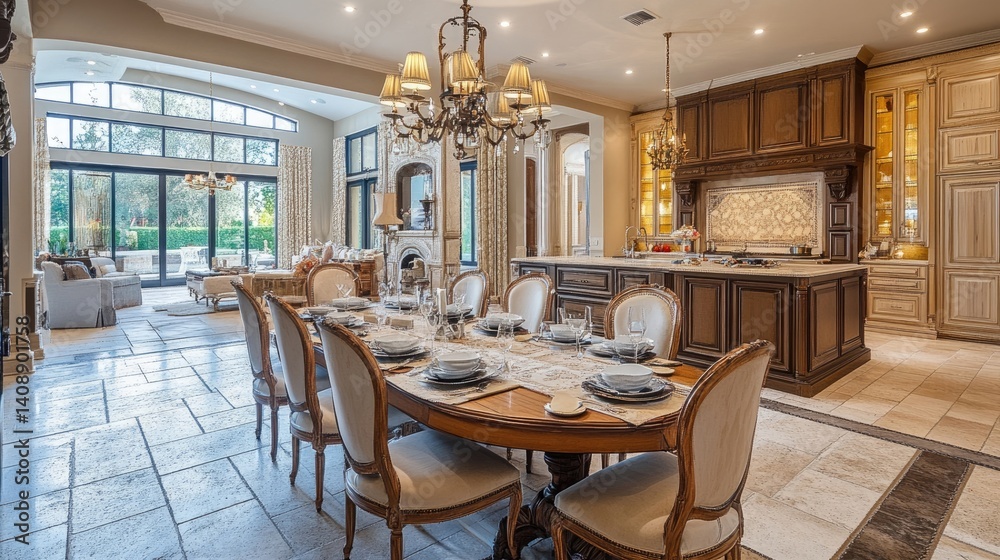 Luxury kitchen with a beautiful dining table set in an elegant space Luxury kitchen with a beautiful dining table set in an elegant space