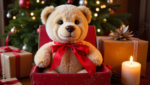 Teddy bear with red bow in gift box by Christmas tree