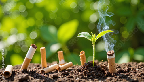 Cigarette butts and green plant growing in soil