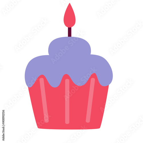 Colorful cupcake with purple icing and a birthday candle on top. Perfect for party invitations, celebration graphics, festive designs, or dessert-themed illustrations.