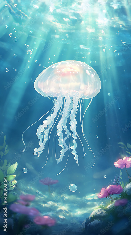 Fototapeta premium Jellyfish hovering gracefully above the ocean floor its translucent tentacles gently undulating in the water's current