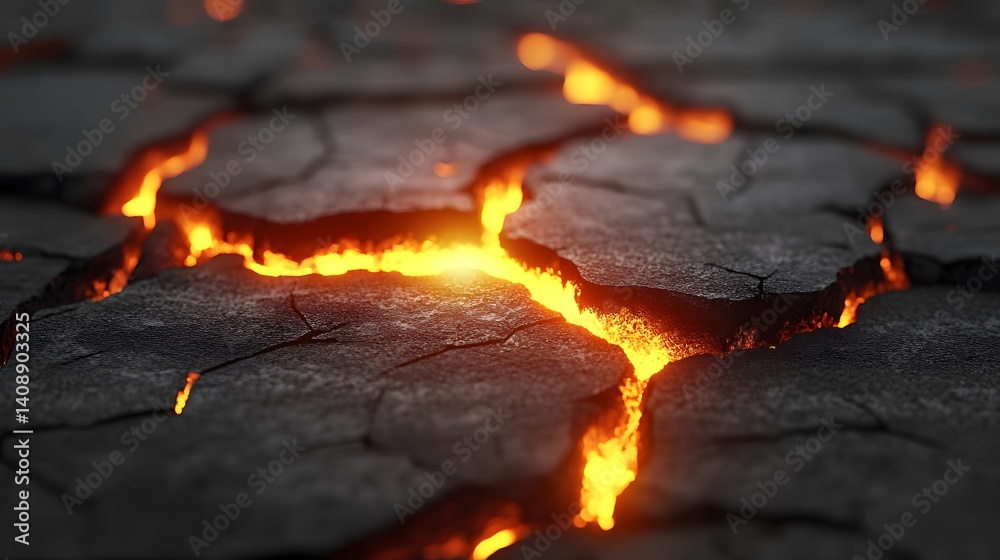 Glowing Lava Cracks in Dark Volcanic Rock Surface Glowing Lava Cracks in Dark Volcanic Rock Surface