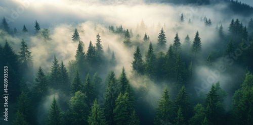 Misty evergreen forest landscape