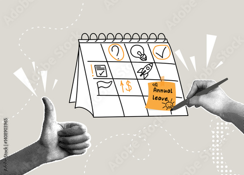 Trendy halftone collage. Planning annual vacation and tasks on calendar. Concept of taking a day off or vacation, schedule vacation reminder.