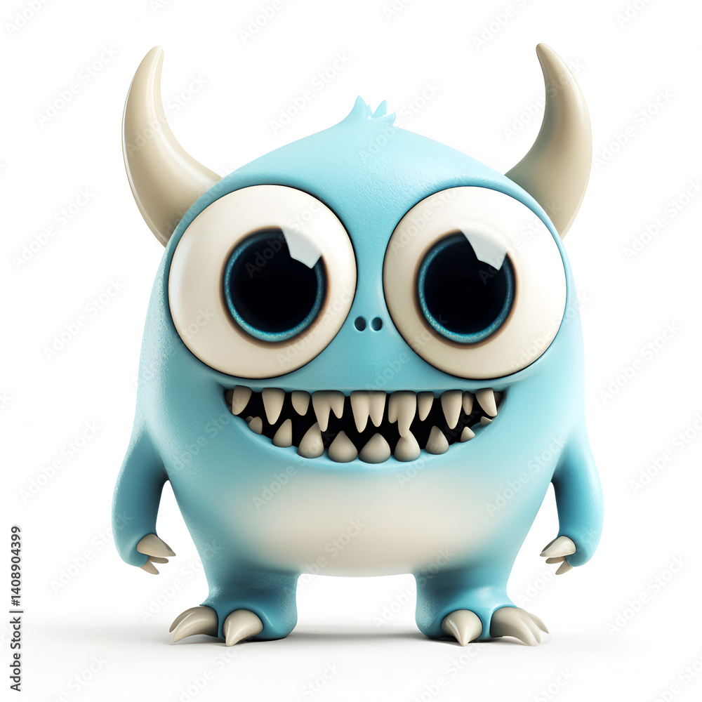 Cute Blue Cartoon Monster with Big Eyes on White Background Cute Blue Cartoon Monster with Big Eyes on White Background