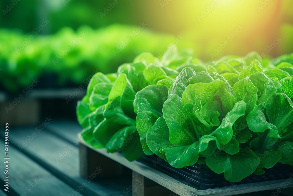 Vibrant green lettuce cultivated in hydroponic smart greenhouse with copy space. Concept of eco-friendly farming, advanced agricultural technology, and nutritious food cultivation.