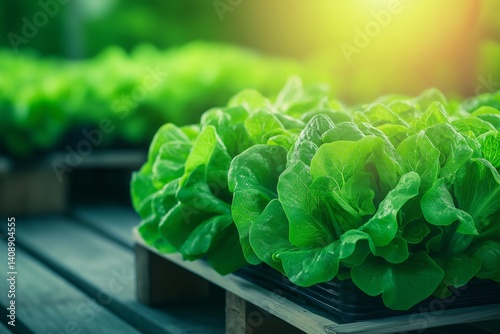 Obraz na płótnie Vibrant green lettuce cultivated in hydroponic smart greenhouse with copy space. Concept of eco-friendly farming, advanced agricultural technology, and nutritious food cultivation. w salonie
