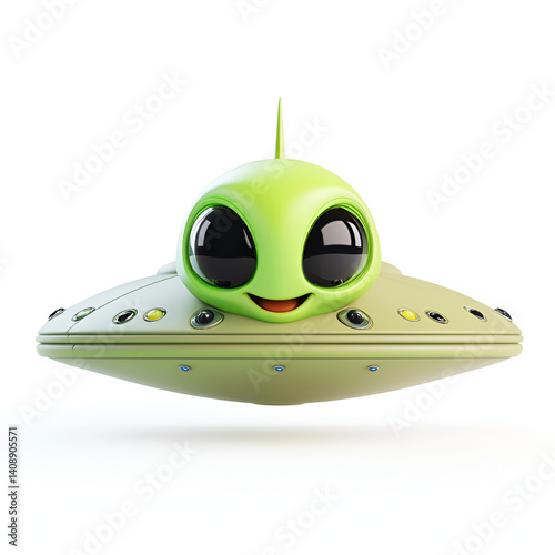 Cute Cartoon UFO with Smiling Face Isolated on White Background

