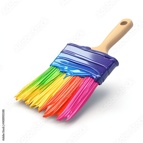 Colorful Paint Brush with Rainbow Bristles on White Background