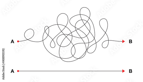Complex and easy way from point A to B. hand drawn doodle scribble chaos path lines. kids tracing paths