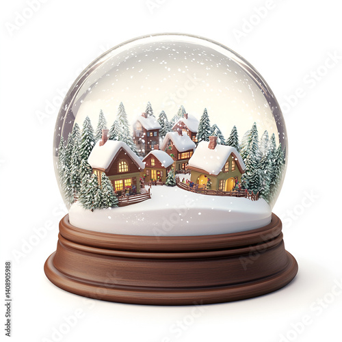 Cartoon Snow Globe with Winter Village Scene and Falling Snowflakes


