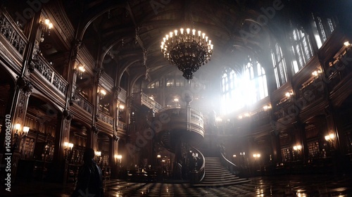 Ornate library interior with wooden balconies, a grand chandelier, and radiant light from arched windows