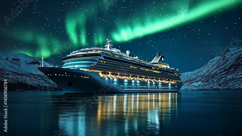 Majestic cruise ship glides through calm arctic waters beneath shimmering aurora borealis