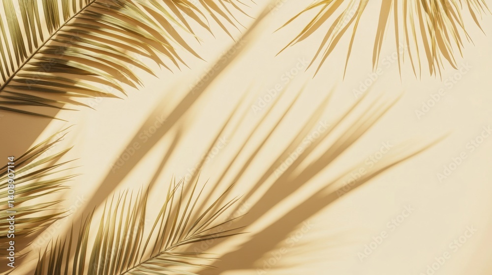 Obraz premium Card on beige background with palm leaves shadows. Minimal concept mock up background.