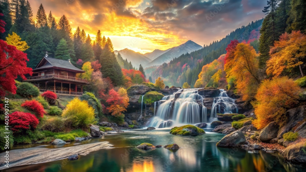 Fototapeta premium Autumn Waterfall Landscape with Temple
