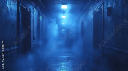 Eerie Blue Hallway: A Mysterious Foggy Corridor