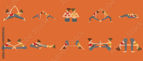 Flat vector illustration of two women doing partner yoga poses in acro yoga style on an orange background. Minimal and colorful design for wellness and fitness themes