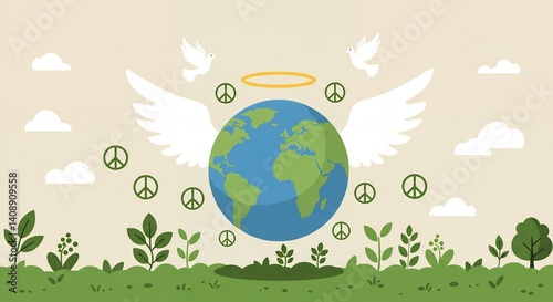 Planet Earth Illustration with Angel Wings and Peace Signs