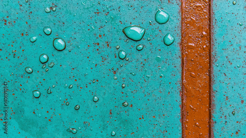 Water Droplets on Turquoise Surface with Rusty Strip, Close-Up Photo of Textured Background photo