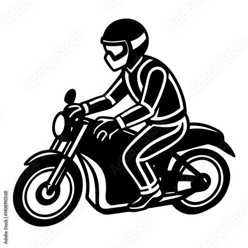 A silhouette of a motorcyclist riding on a highway, wearing a helmet