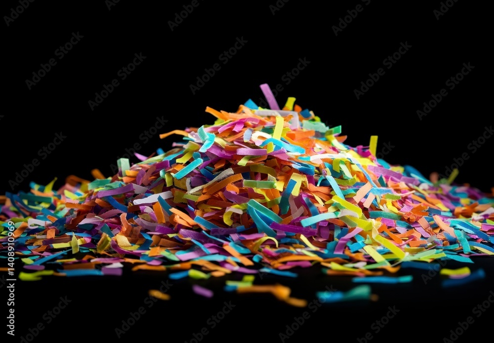 Fototapeta premium Colorful Shredded Paper Confetti Pile on Black Background