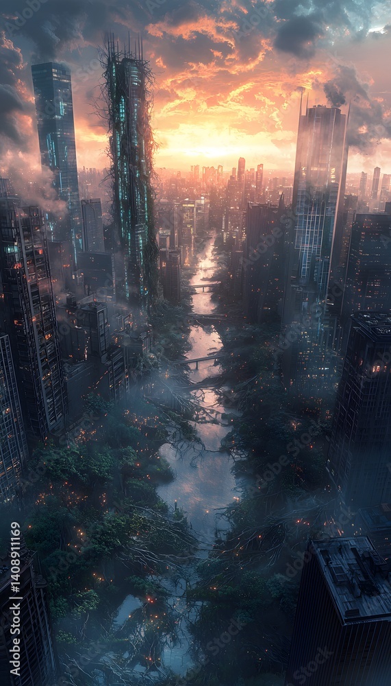 Obraz premium A post-apocalyptic city overgrown with neon bioluminescent plants, roots reclaiming skyscrapers. Cinematic cyber-natural fusion