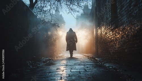 A magical detective chasing a shadowy figure through an enchanted alley, runes glowing faintly on brick walls. Cinematic supernatural thriller