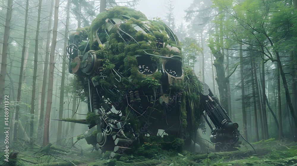 Obraz premium A towering robot sits abandoned in the middle of an overgrown forest, vines and moss consuming its once-powerful frame as birds nest in its open chest cavity
