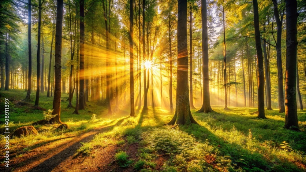 Obraz premium Sunbeams Through Forest Trees