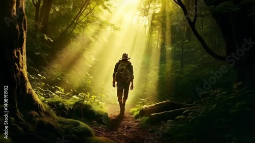 Amid towering trees, a man journeys through the forest, seeking adventure, solitude, and nature's embrace.