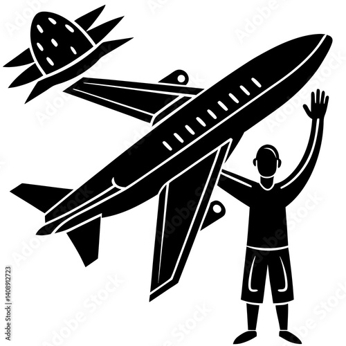 A silhouette of a person waving goodbye in front of a flying airplane 