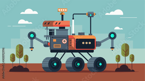 Equipped with multiple camera sensors and a sophisticated navigation system this robotic transplanting machine can operate even in low visibility situations.. Vector illustration