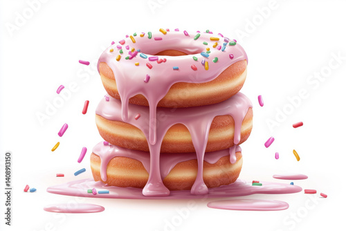 Obraz na płótnie Isolated glazed doughnuts with smooth pink icing and sprinkles dessert food and beverage bright white background sweet treats concept for indulgence w salonie