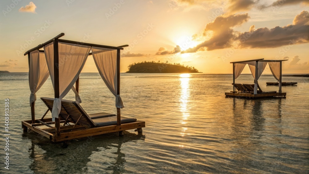 island resort Serene beach scene with cabanas at sunset reflecting on calm water. island resort Serene beach scene with cabanas at sunset reflecting on calm water.