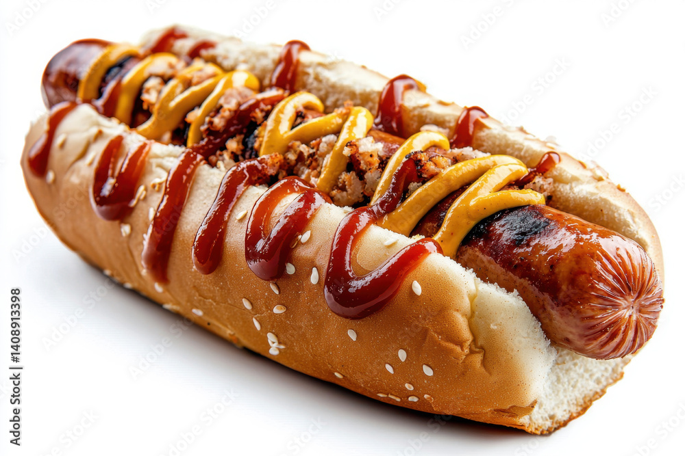 Isolated food and beverage delight enjoying a hot dog in a soft bun with mustard and ketchup ideal for street food lovers captured in a clean white background