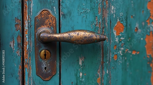Aged teal door handle with worn, rustic details.