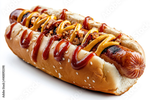 Obraz na płótnie Isolated food and beverage delight enjoying a hot dog in a soft bun with mustard and ketchup ideal for street food lovers captured in a clean white background w salonie