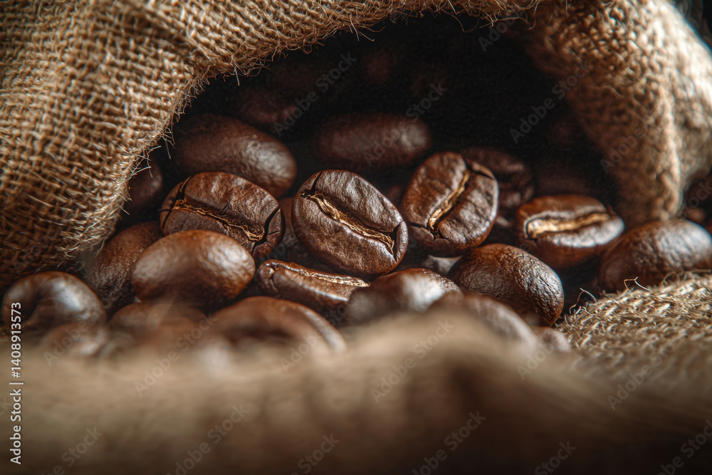 Isolated roasted coffee beans spilling from a burlap sac in a natural environment capturing the essence of food and beverage delight