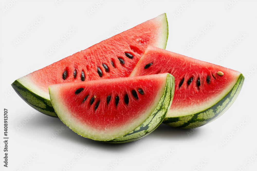 Isolated sliced watermelon with vibrant red flesh as a refreshing summer beverage in a minimalistic setting highlighting food freshness and juiciness