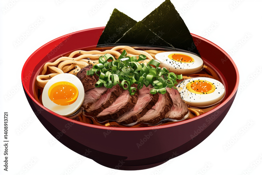 Isolated steaming bowl of udon noodles with rich broth and toppings japanese cuisine close-up food photography intimate kitchen environment culinary art concept