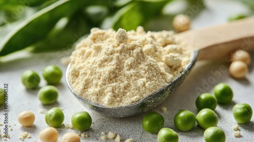 Plastic scoop filled with plant-based pea protein powder, alongside fresh green pea seeds, against a white background.