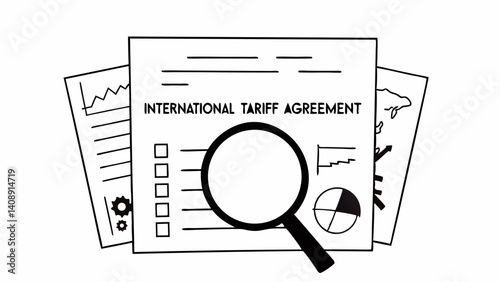 International Tariff Agreement: A magnifying glass placed over international tariff agreement with various charts and documents that showing the process.