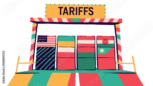 Tariffs and global Trade Barriers: A graphic representation of trade barriers symbolized by the flags of countries, highlighting the theme of tariffs and international commerce.