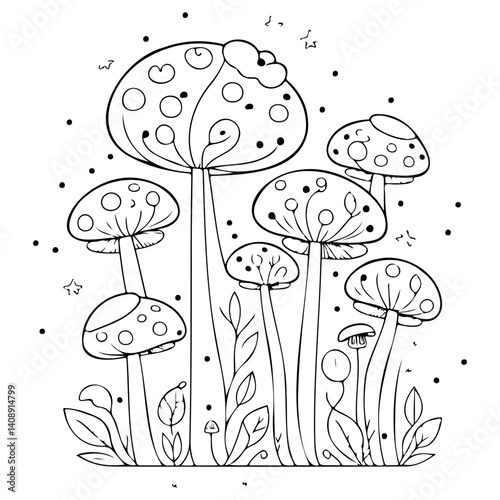 A whimsical line drawing of fanciful mushrooms