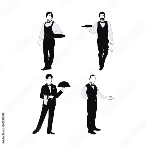 Waiter Black Silhouette Vectors and Illustrations on white background Vol 02