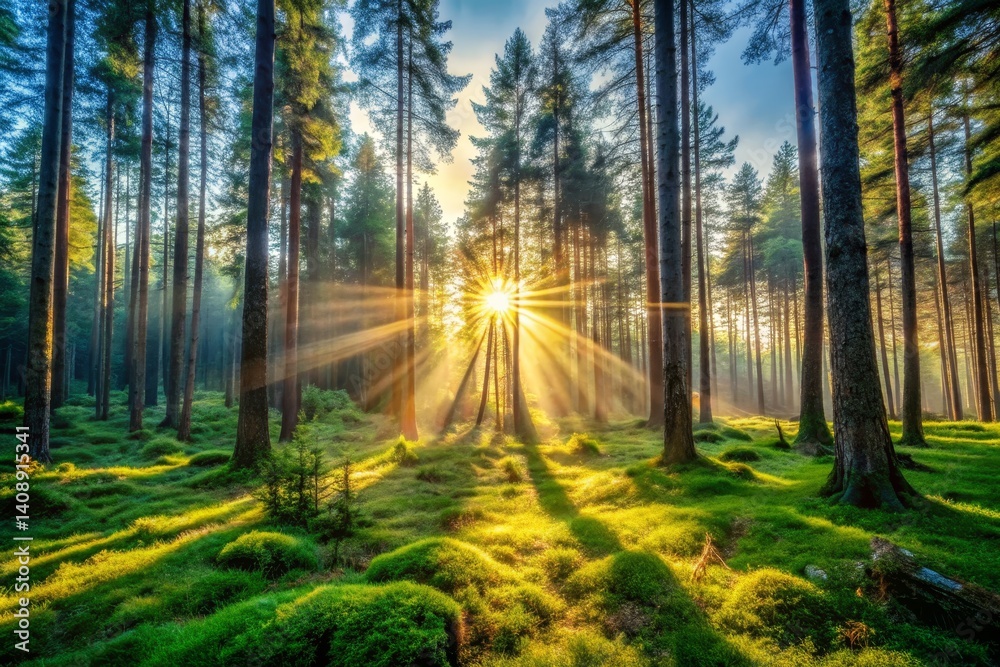 Fototapeta premium Sunbeams Through Forest Trees