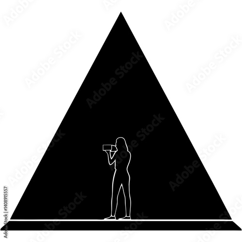 A silhouette of a tourist taking a picture in front of a giant pyramid