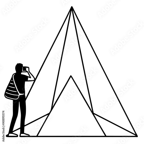 A silhouette of a tourist taking a picture in front of a giant pyramid