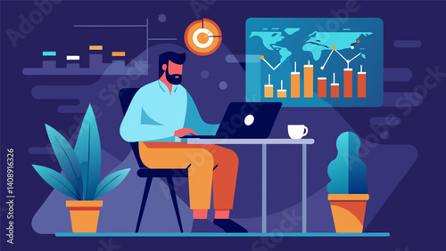 A trader sitting in a coffee shop with a laptop open carefully analyzing realtime data on the global market.. Vector illustration