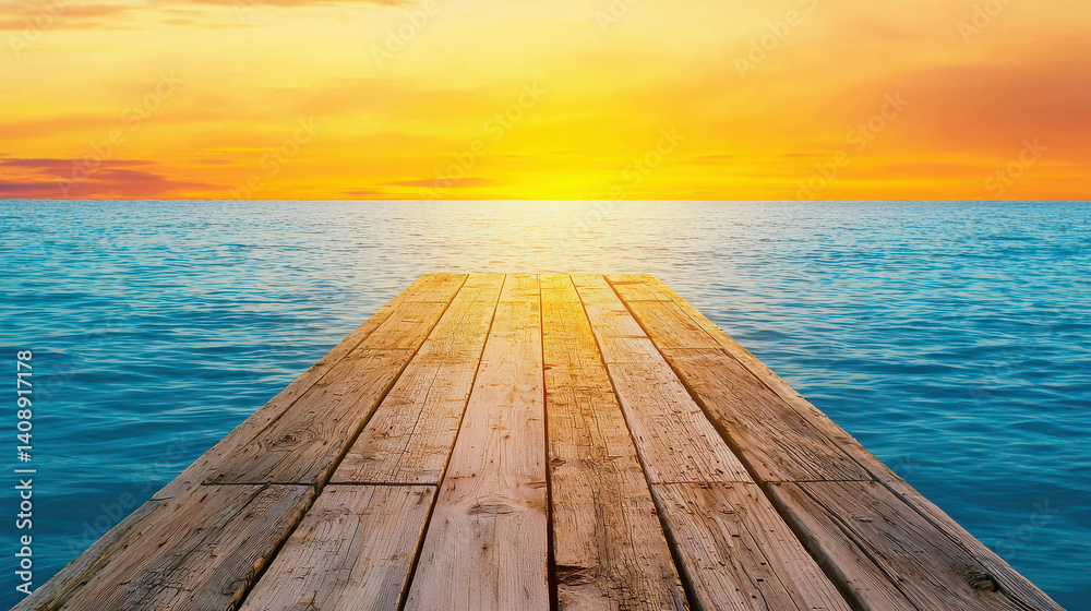 Fototapeta premium Sunset Over Calm Ocean with Wooden Dock Leading into Beautiful Horizon View